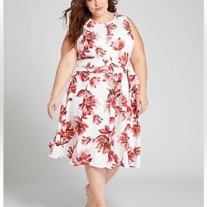 Lane Bryant Red Floral Fit & Flare Dress Tie Waist Spring Summer Easter Dress 14